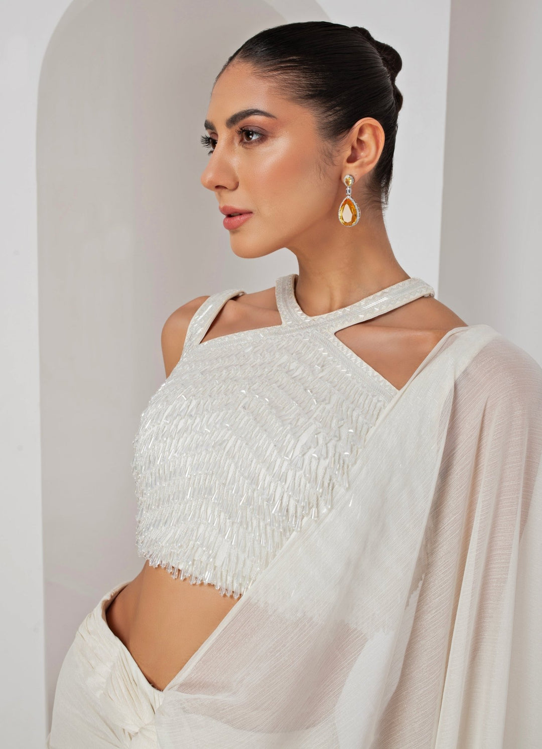 Ivory Georgette Pre - Stitched Saree Akara - Fabilicious Fashion