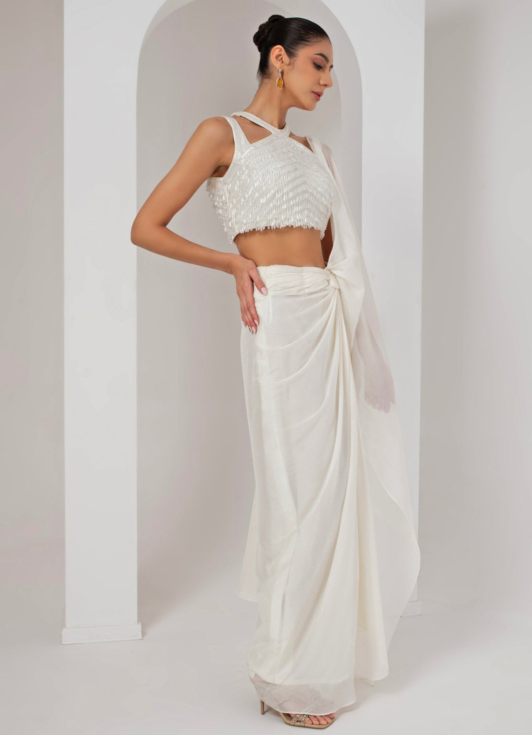 Ivory Georgette Pre - Stitched Saree Akara - Fabilicious Fashion