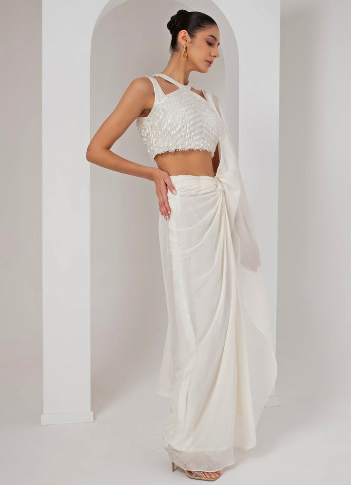 Ivory Georgette Pre - Stitched Saree Akara - Fabilicious Fashion