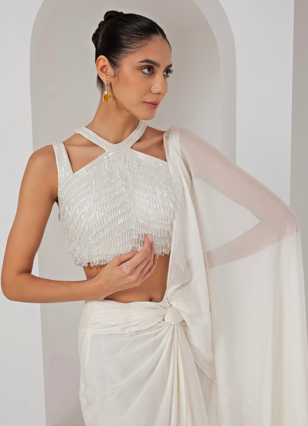 Ivory Georgette Pre - Stitched Saree Akara - Fabilicious Fashion