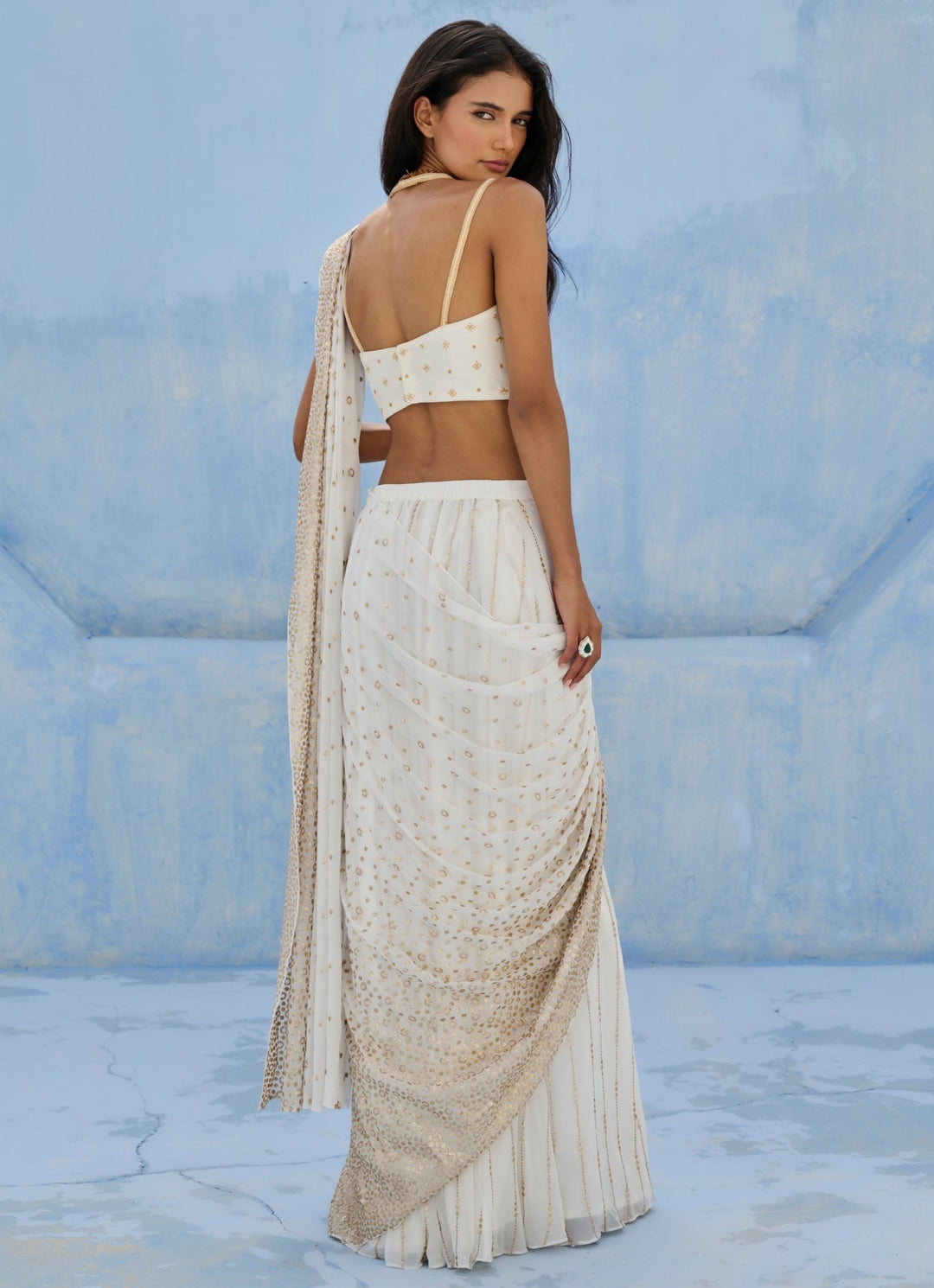 Ivory Georgette Predraped Sequins Saree Set Chamee and Palak - Fabilicious Fashion