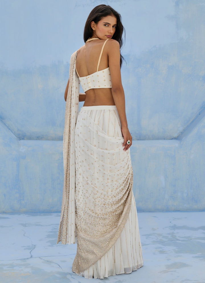 Ivory Georgette Predraped Sequins Saree Set Chamee and Palak - Fabilicious Fashion