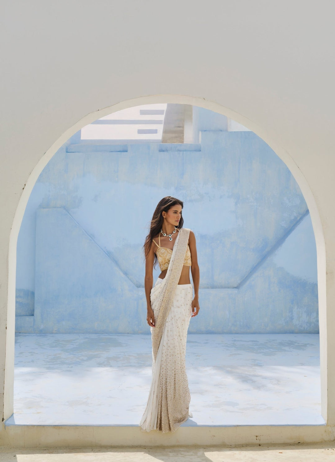 Ivory Georgette Predraped Sequins Saree Set Chamee and Palak - Fabilicious Fashion