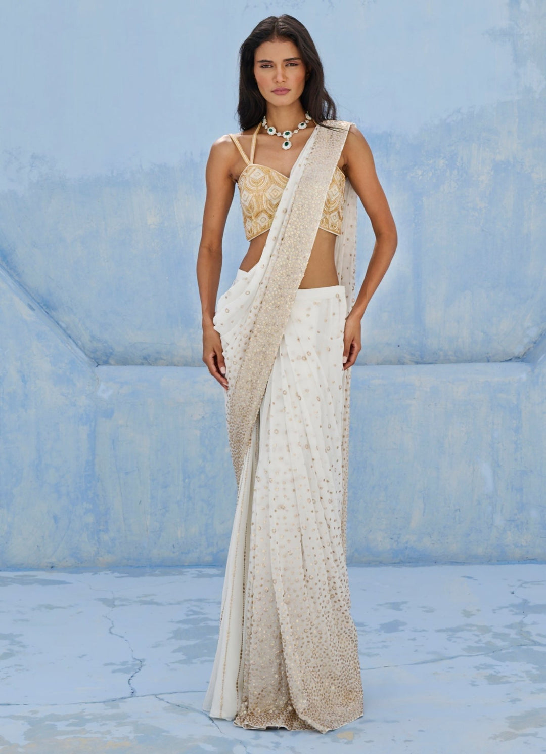 Ivory Georgette Predraped Sequins Saree Set Chamee and Palak - Fabilicious Fashion
