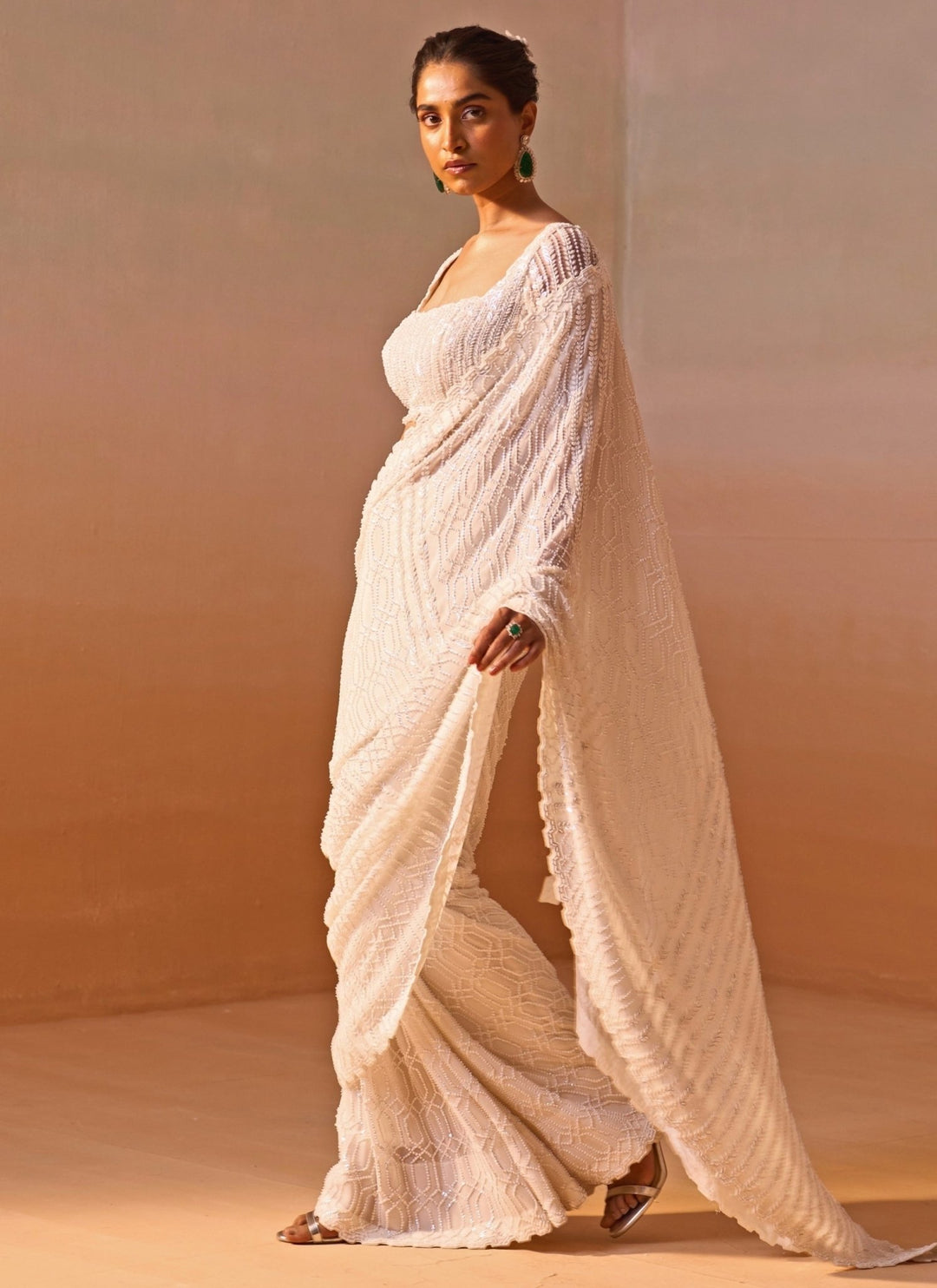 Nitika Gujral Ivory Georgette Saree With Sequins BlouseFabilicious Fashion