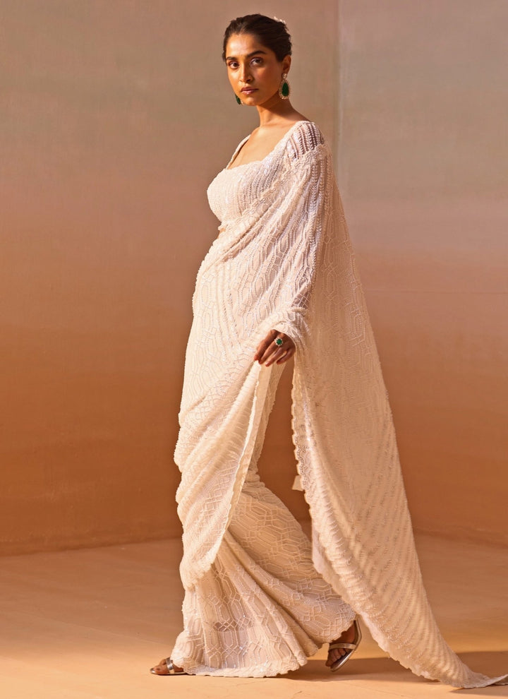 Nitika Gujral Ivory Georgette Saree With Sequins BlouseFabilicious Fashion