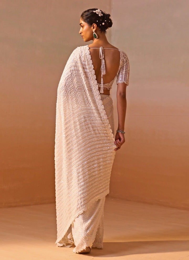 Nitika Gujral Ivory Georgette Saree With Sequins BlouseFabilicious Fashion