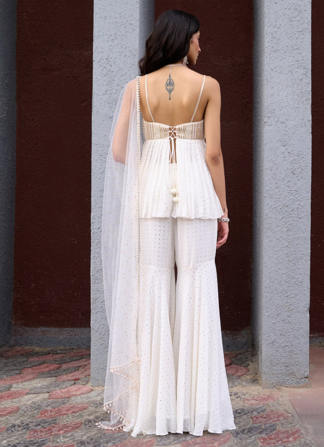 Ivory Georgette Sharara Set Chamee and Palak - Fabilicious Fashion
