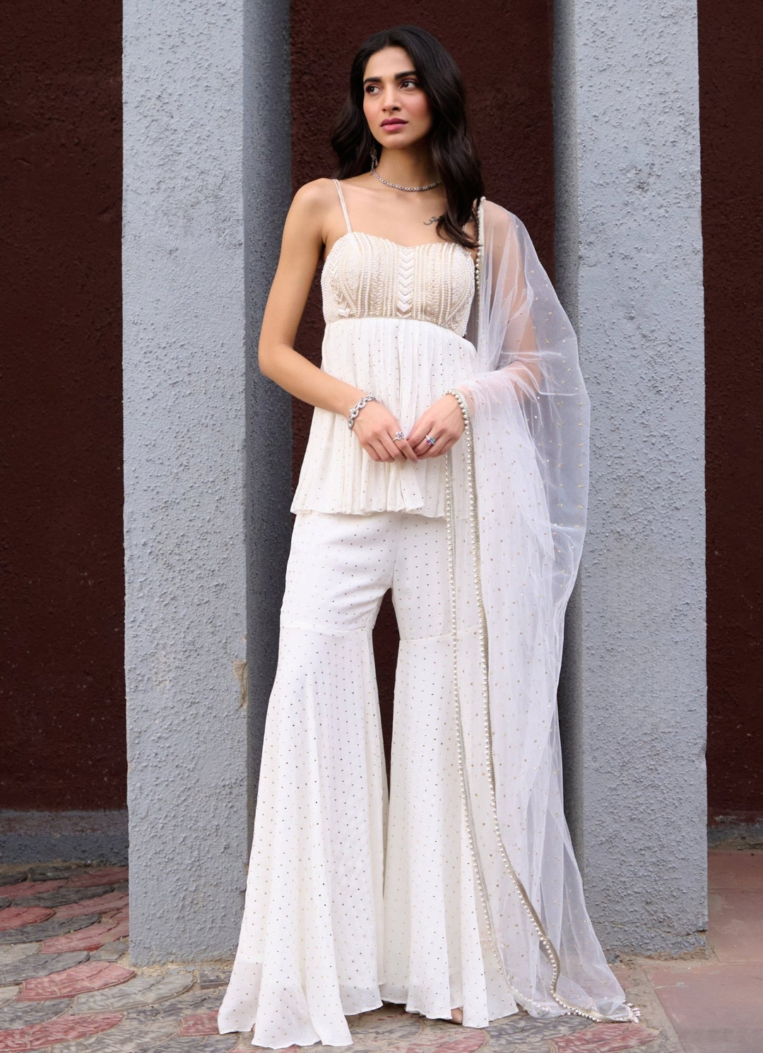 Ivory Georgette Sharara Set Chamee and Palak - Fabilicious Fashion