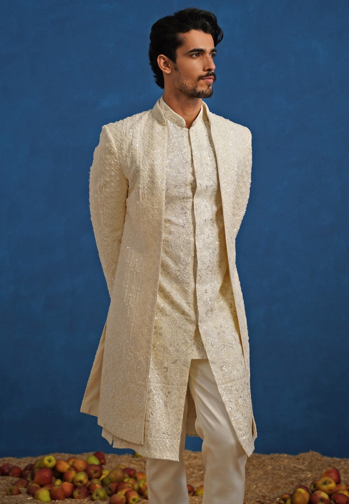 Ivory Georgette Sherwani Set Kalpraag - Fabilicious Fashion