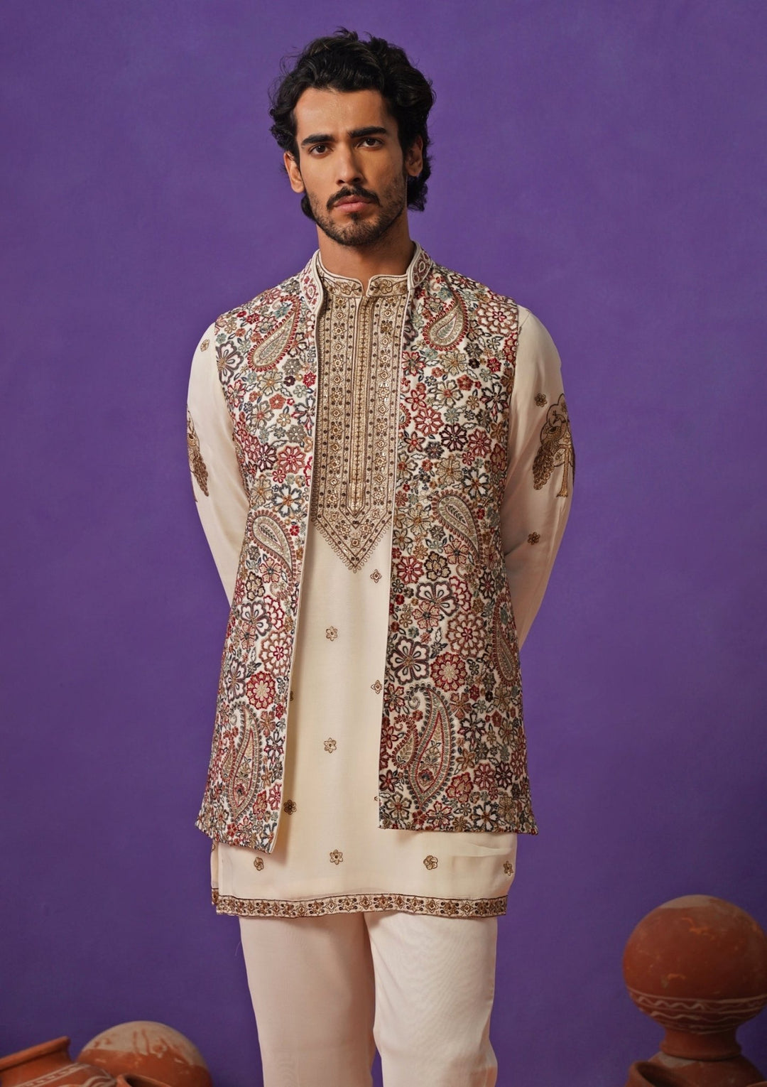 Ivory Georgette Short Kurta Jacket Set Kalpraag - Fabilicious Fashion