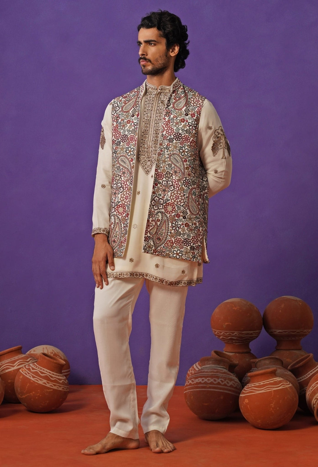 Ivory Georgette Short Kurta Jacket Set Kalpraag - Fabilicious Fashion