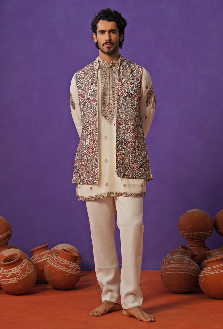 Ivory Georgette Short Kurta Jacket Set Kalpraag - Fabilicious Fashion