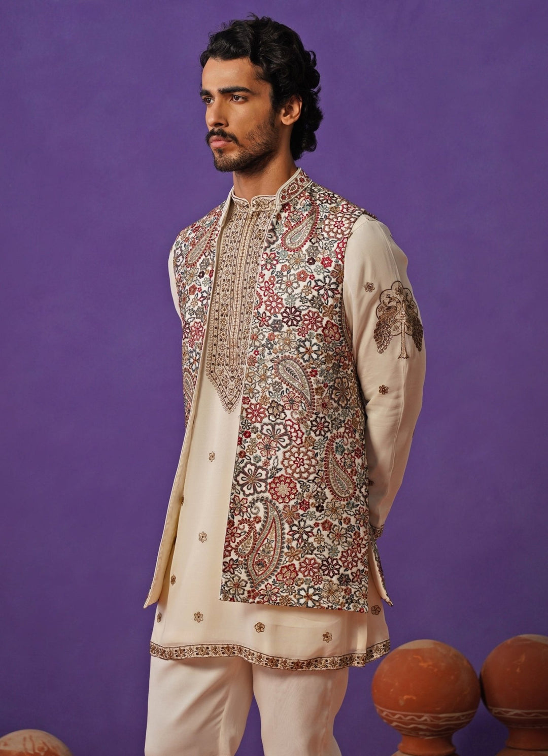 Ivory Georgette Short Kurta Jacket Set Kalpraag - Fabilicious Fashion