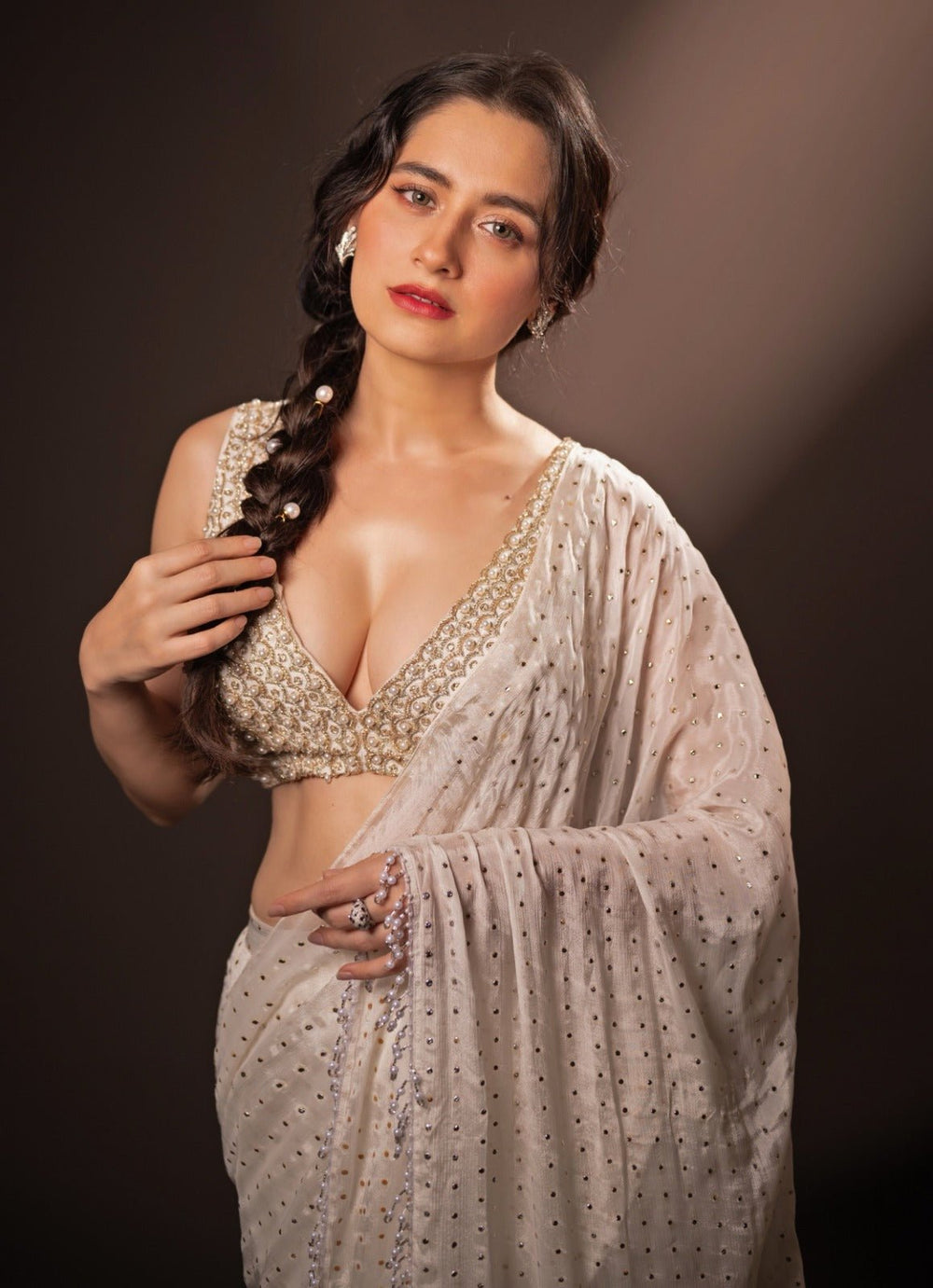 Ivory Georgette Tiered Pre - Stitched Saree set Chamee and Palak - Fabilicious Fashion