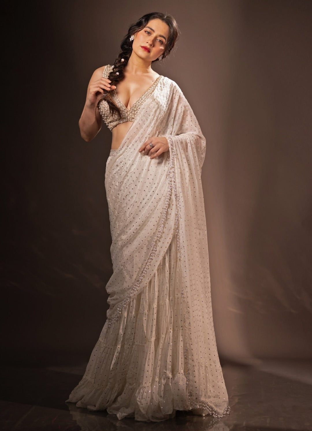 Ivory Georgette Tiered Pre - Stitched Saree set Chamee and Palak - Fabilicious Fashion