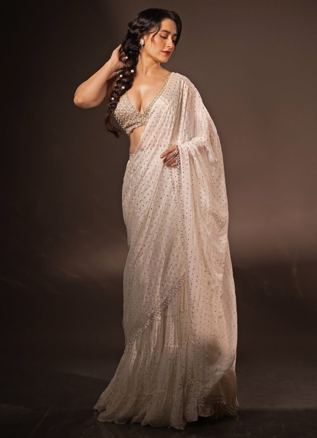 Ivory Georgette Tiered Pre - Stitched Saree set Chamee and Palak - Fabilicious Fashion