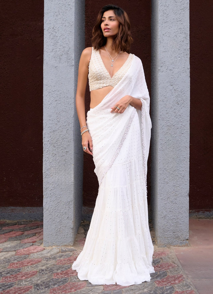 Ivory Georgette Tiered Pre - Stitched Saree set Chamee and Palak - Fabilicious Fashion