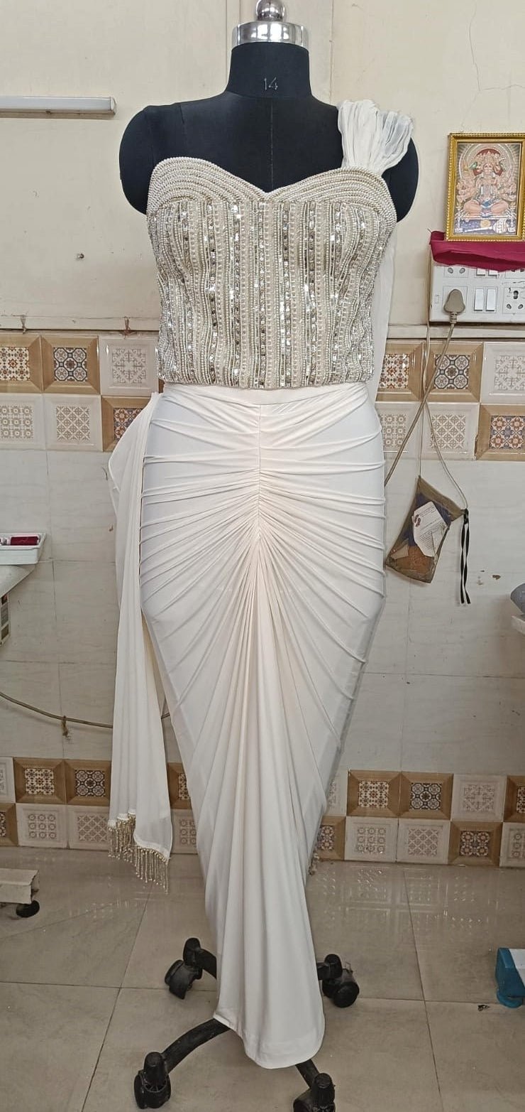 Ivory Gold Drape Skirt With Corset Anisha Shetty - Fabilicious Fashion