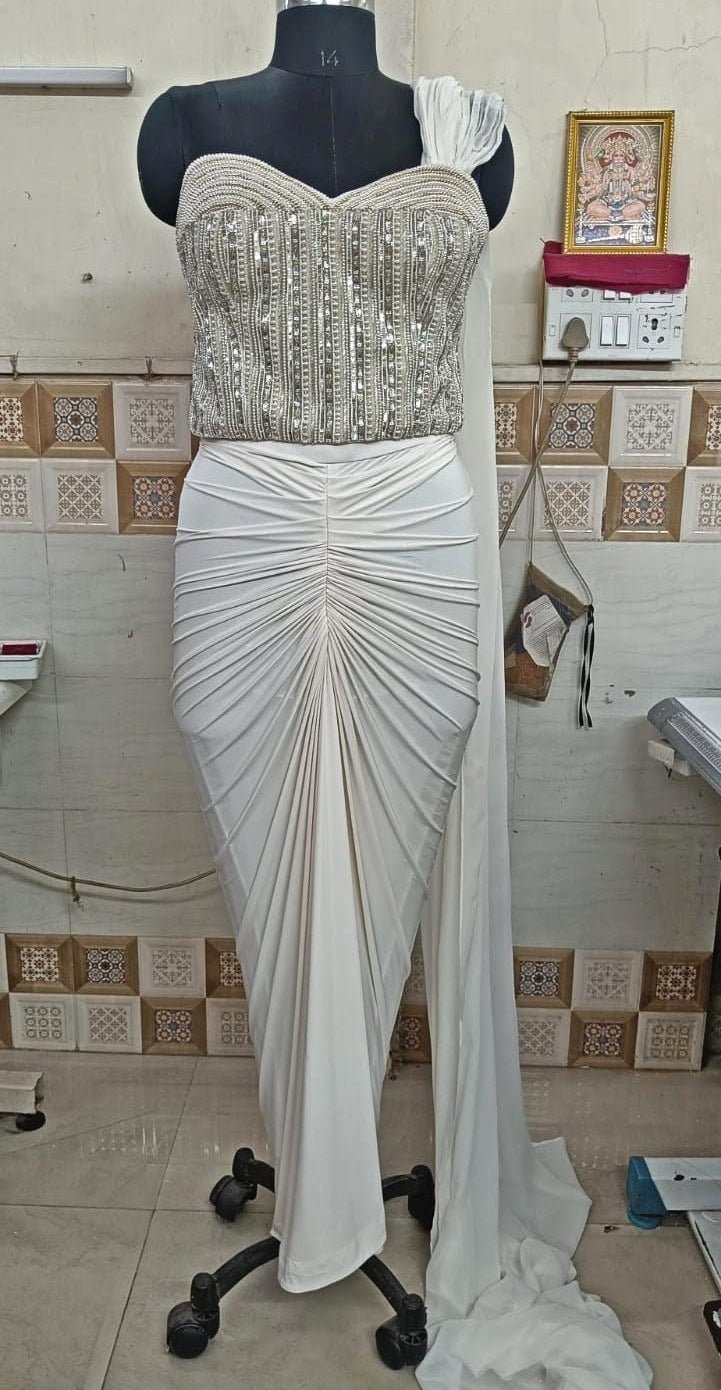 Ivory Gold Drape Skirt With Corset Anisha Shetty - Fabilicious Fashion