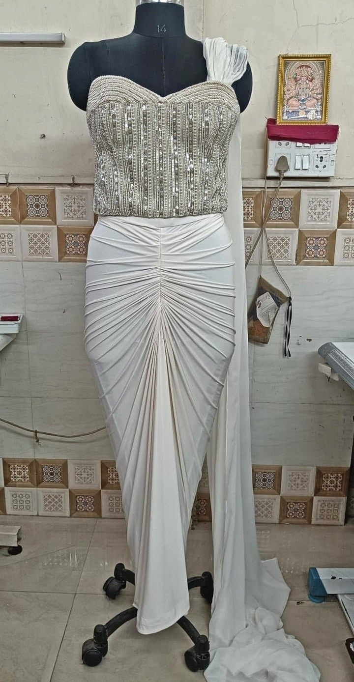 Ivory Gold Drape Skirt With Corset Anisha Shetty - Fabilicious Fashion