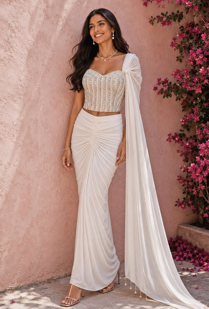 Anisha Shetty Ivory Gold Drape Skirt With CorsetFabilicious Fashion