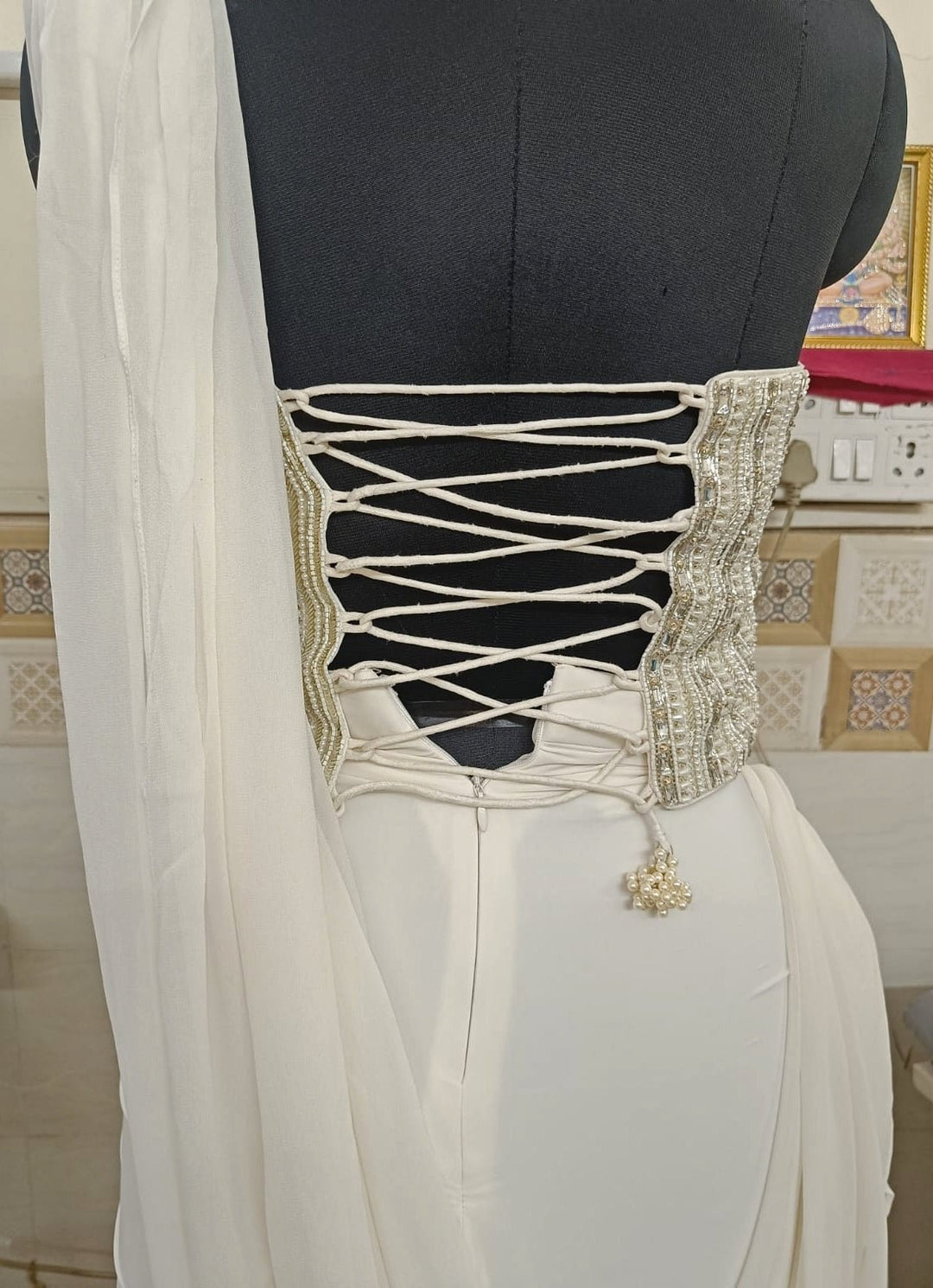 Ivory Gold Drape Skirt With Corset Anisha Shetty - Fabilicious Fashion