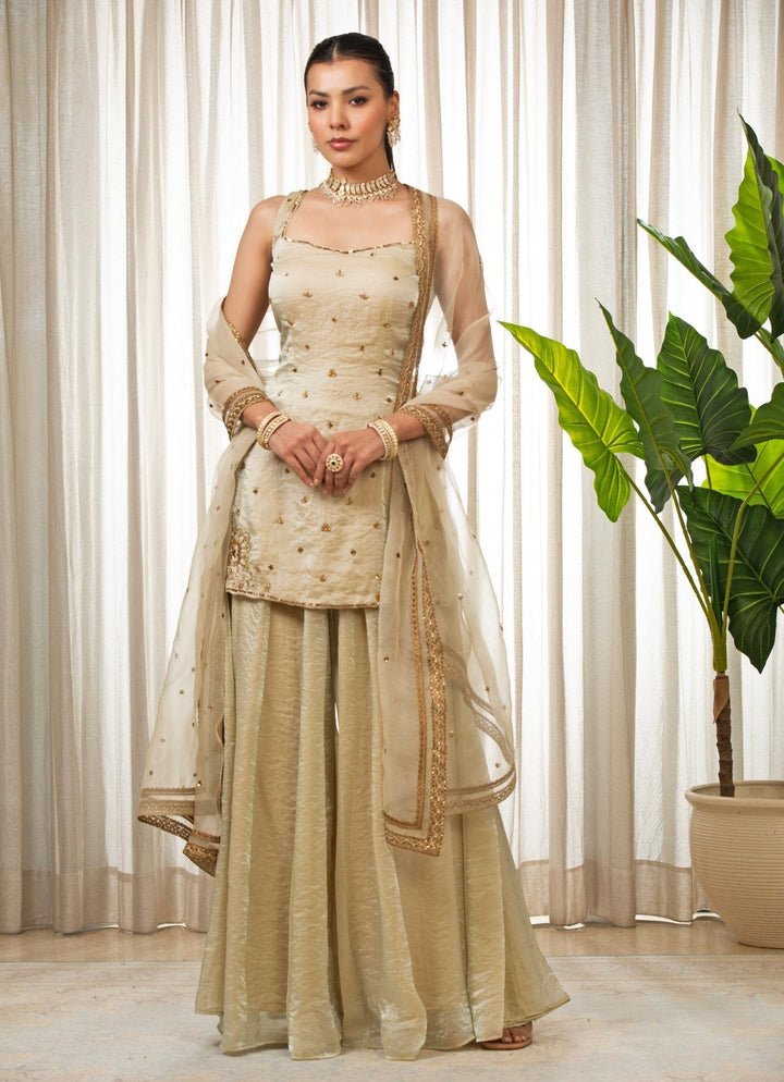 Ivory Gold Embroidered Kurta Sharara Set Esha Koul - Fabilicious Fashion