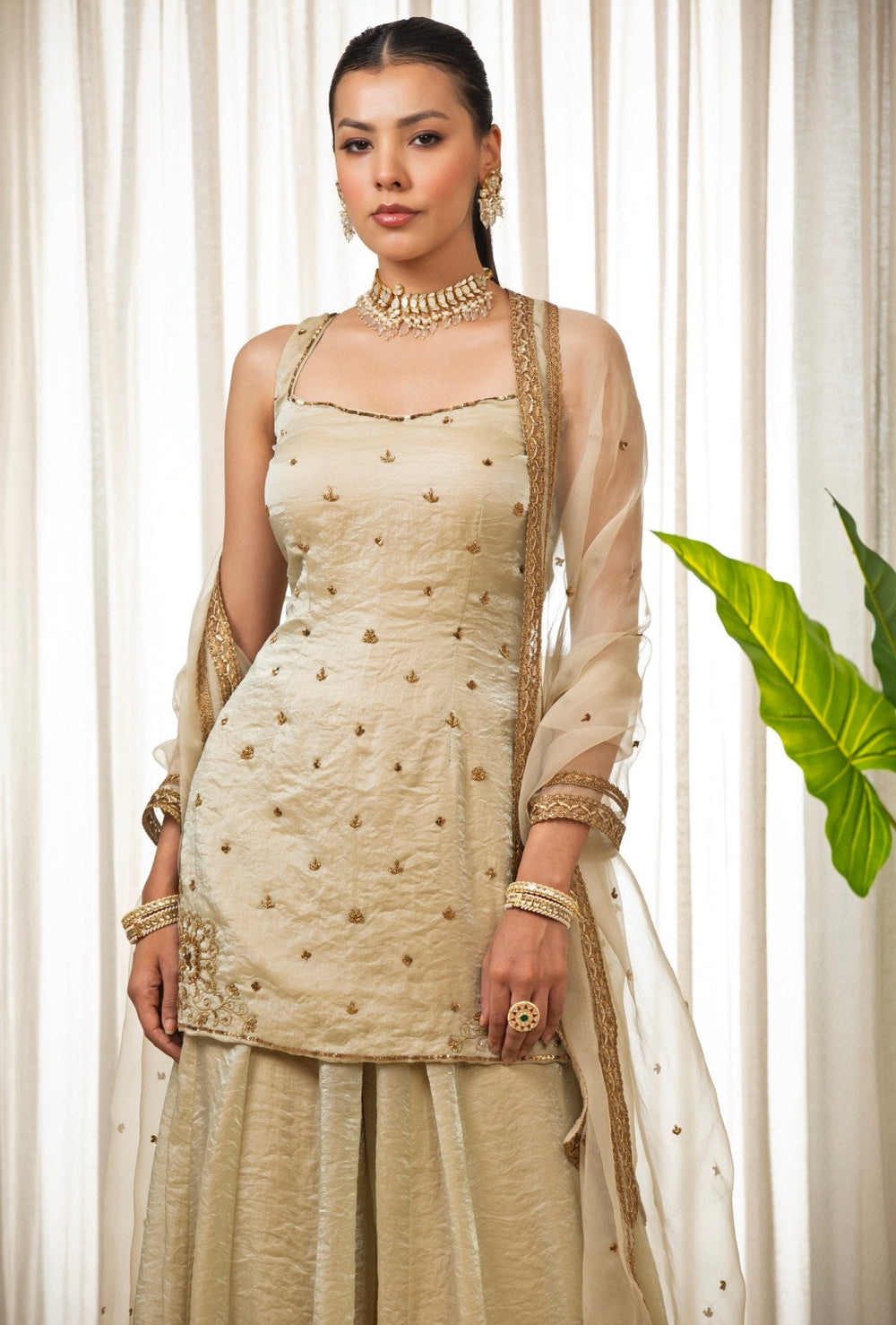 Ivory Gold Embroidered Kurta Sharara Set Esha Koul - Fabilicious Fashion