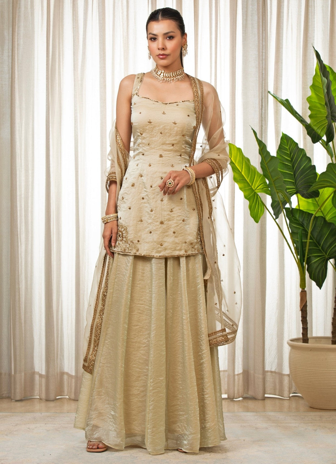 Esha Koul Ivory Gold Embroidered Kurta Sharara Set L Esha Koul Ivory Gold Embroidered Kurta Sharara Set L