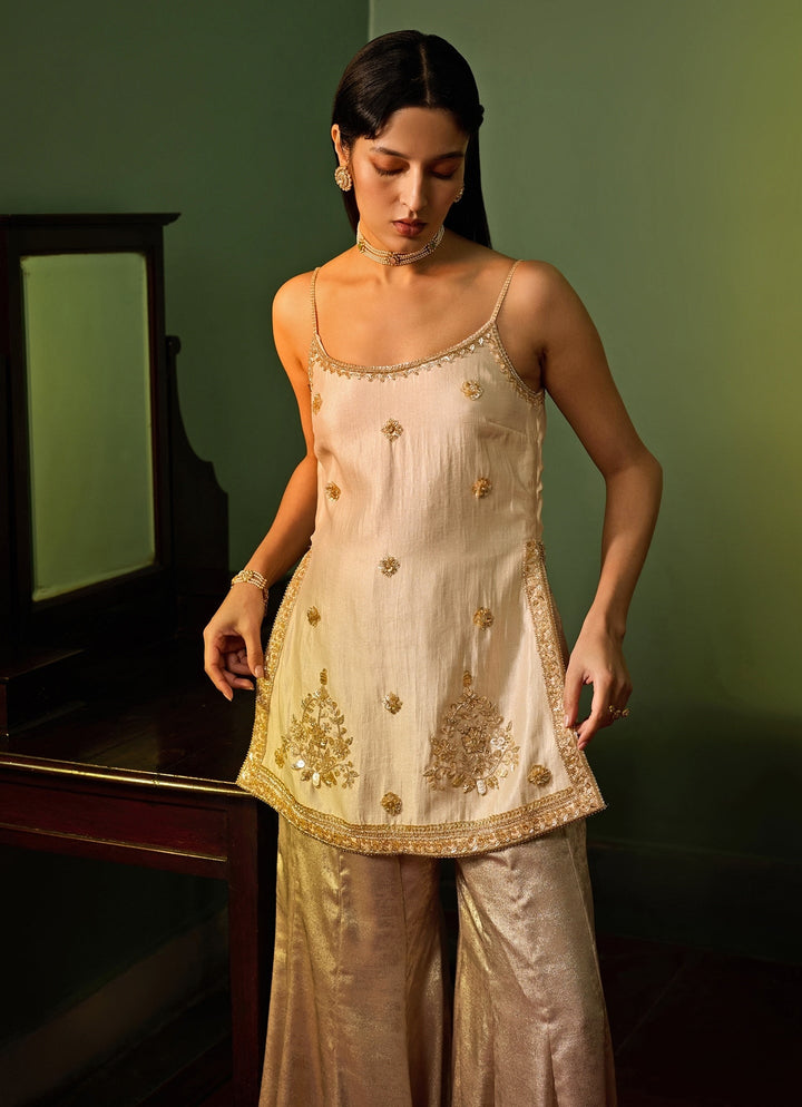 Ivory Gold Embroidered Kurta Sharara Set Zoon Tribe - Fabilicious Fashion