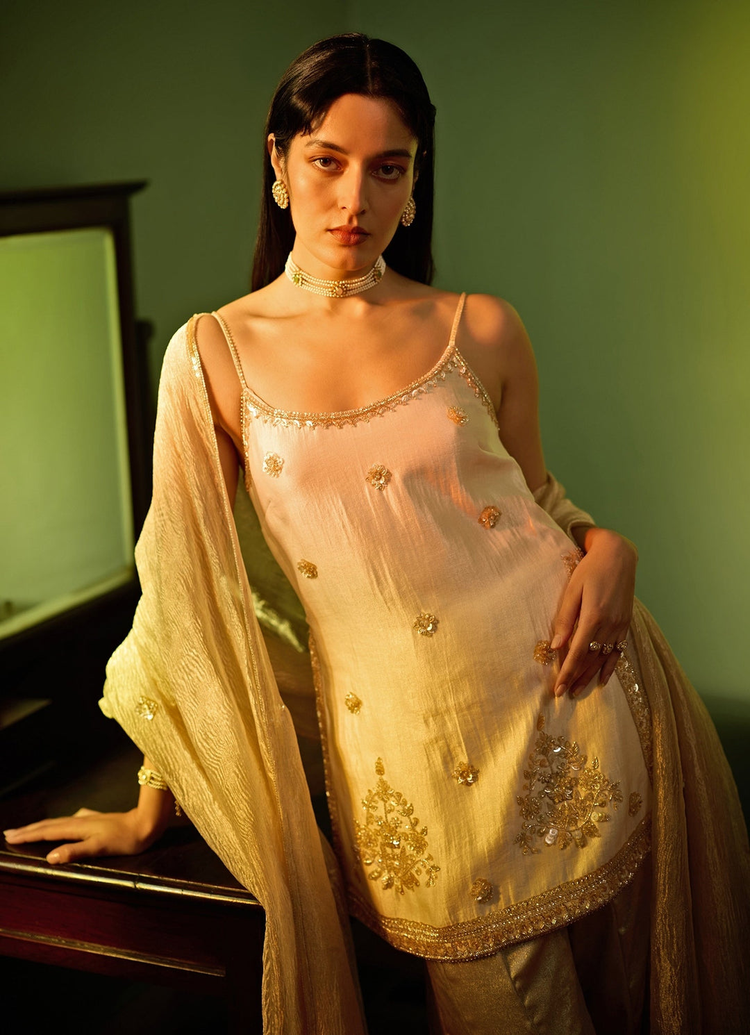 Ivory Gold Embroidered Kurta Sharara Set Zoon Tribe - Fabilicious Fashion