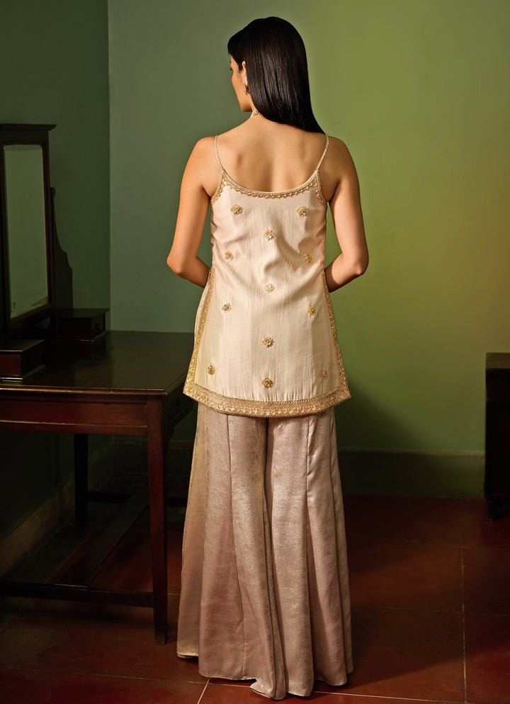 Ivory Gold Embroidered Kurta Sharara Set Zoon Tribe - Fabilicious Fashion