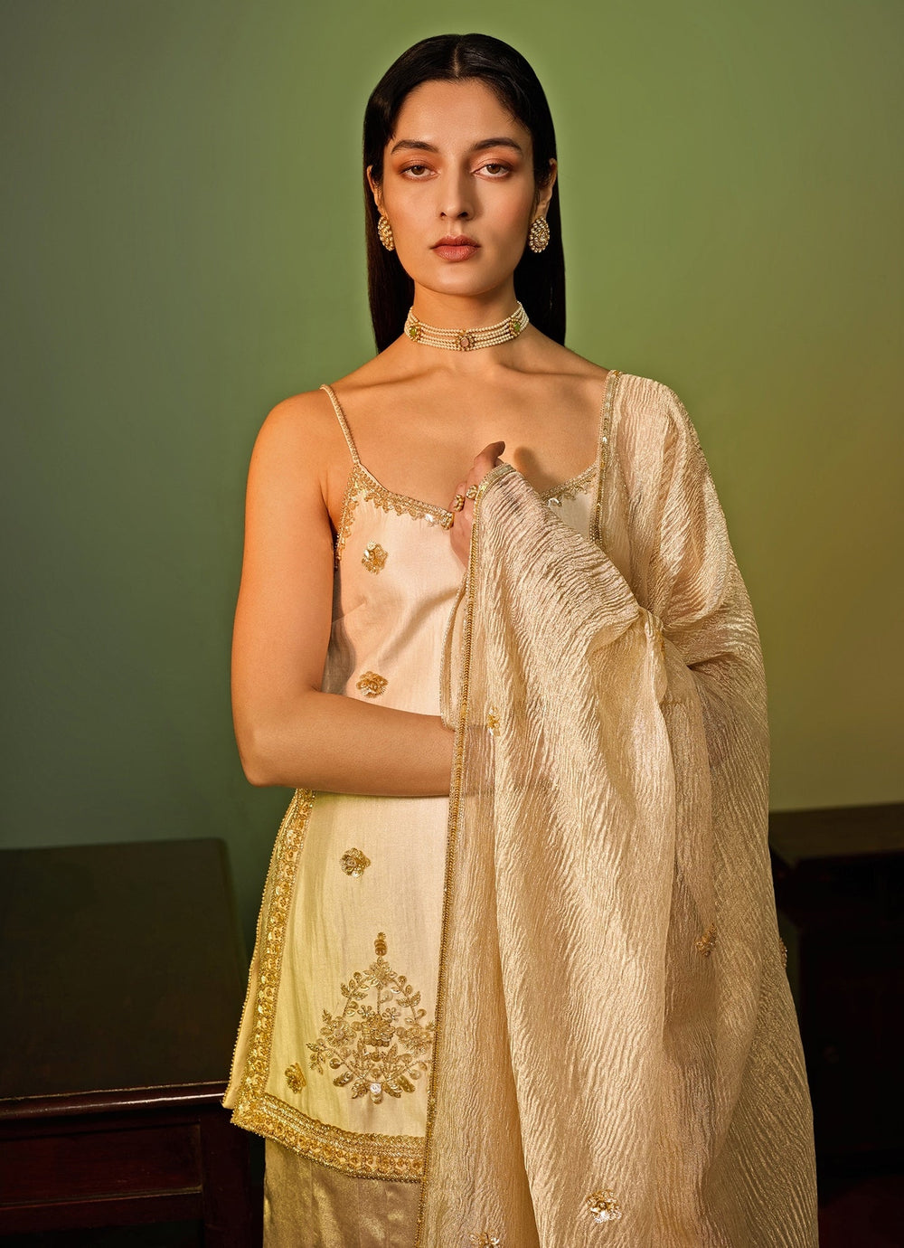 Ivory Gold Embroidered Kurta Sharara Set Zoon Tribe - Fabilicious Fashion