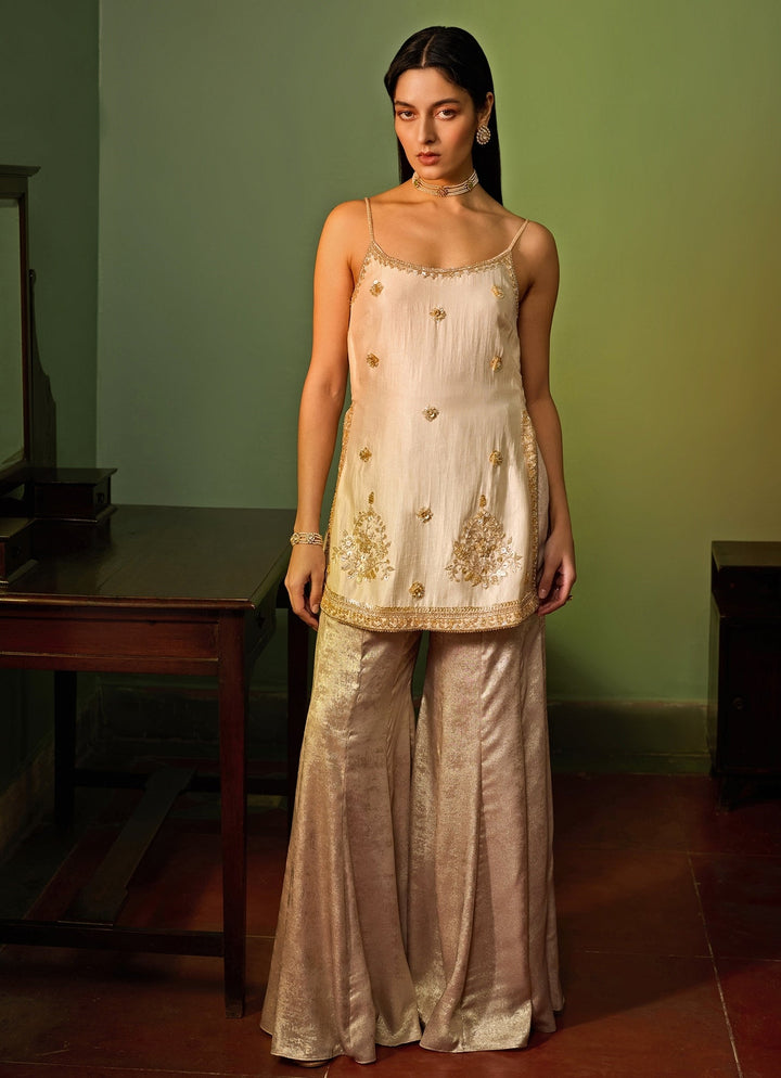 Ivory Gold Embroidered Kurta Sharara Set Zoon Tribe - Fabilicious Fashion