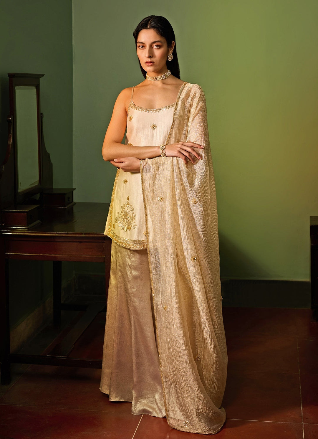 Ivory Gold Embroidered Kurta Sharara Set Zoon Tribe - Fabilicious Fashion