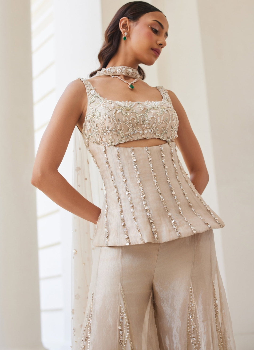 Ivory Gold Embroidered Pure Silk Tissue Kurta Sharara Set Sanya Gulati - Fabilicious Fashion