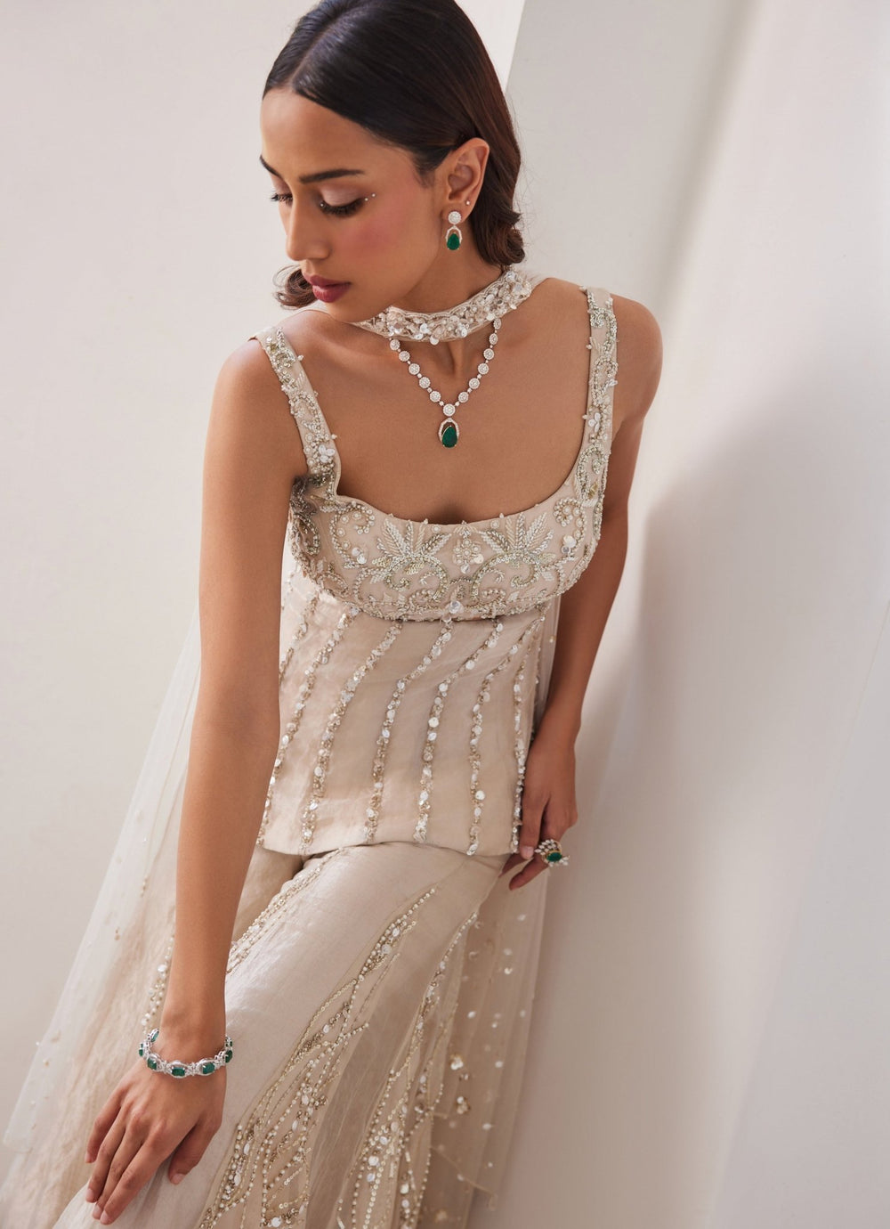 Ivory Gold Embroidered Pure Silk Tissue Kurta Sharara Set Sanya Gulati - Fabilicious Fashion