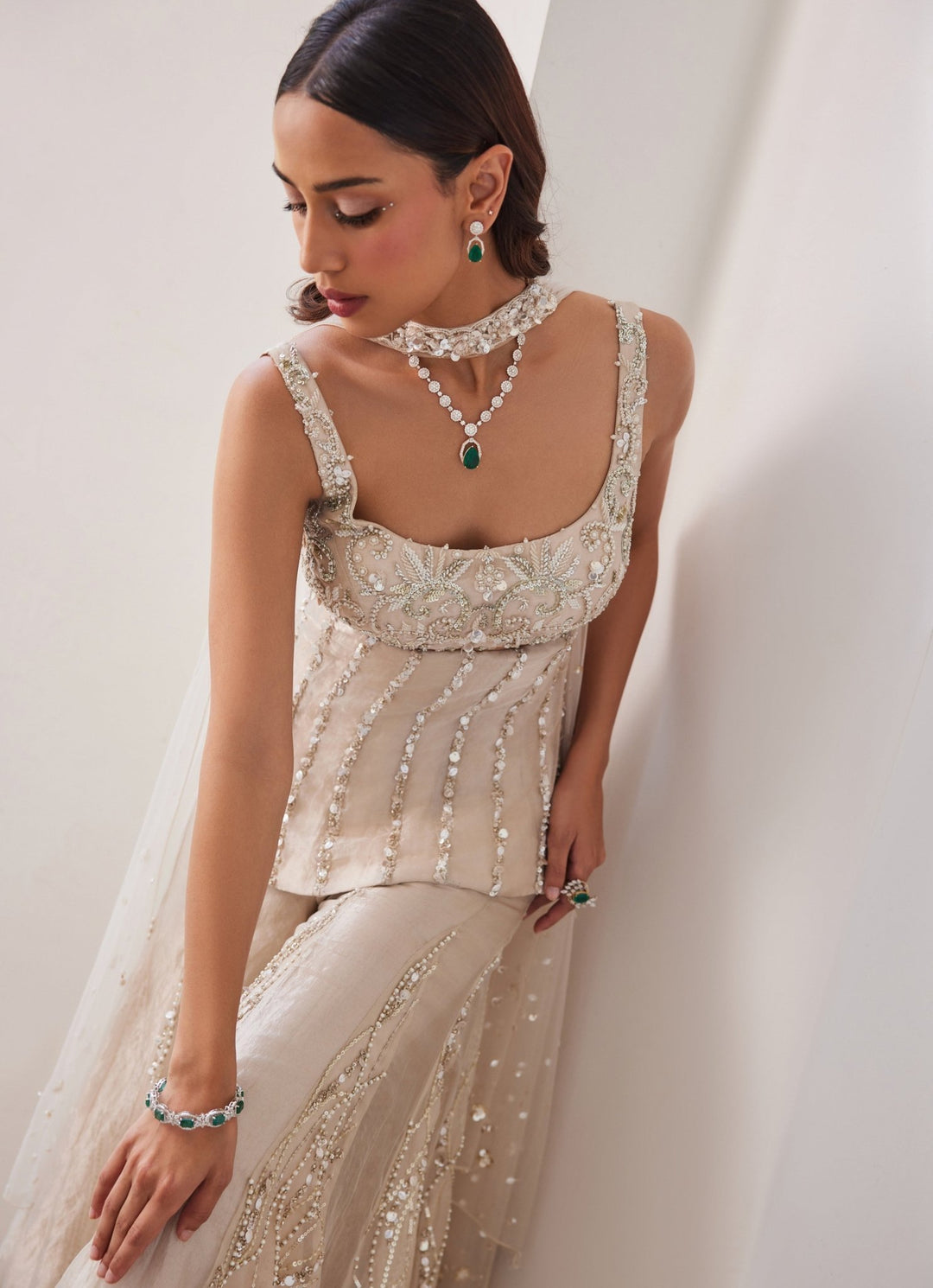 Ivory Gold Embroidered Pure Silk Tissue Kurta Sharara Set Sanya Gulati - Fabilicious Fashion