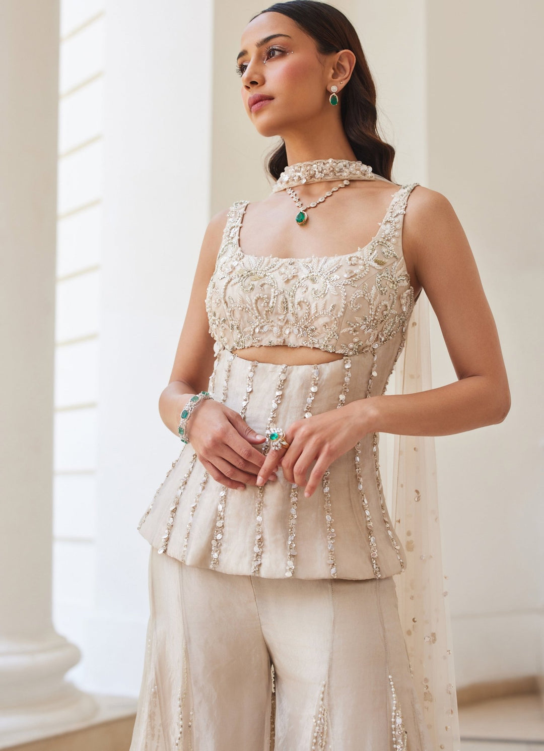 Ivory Gold Embroidered Pure Silk Tissue Kurta Sharara Set Sanya Gulati - Fabilicious Fashion