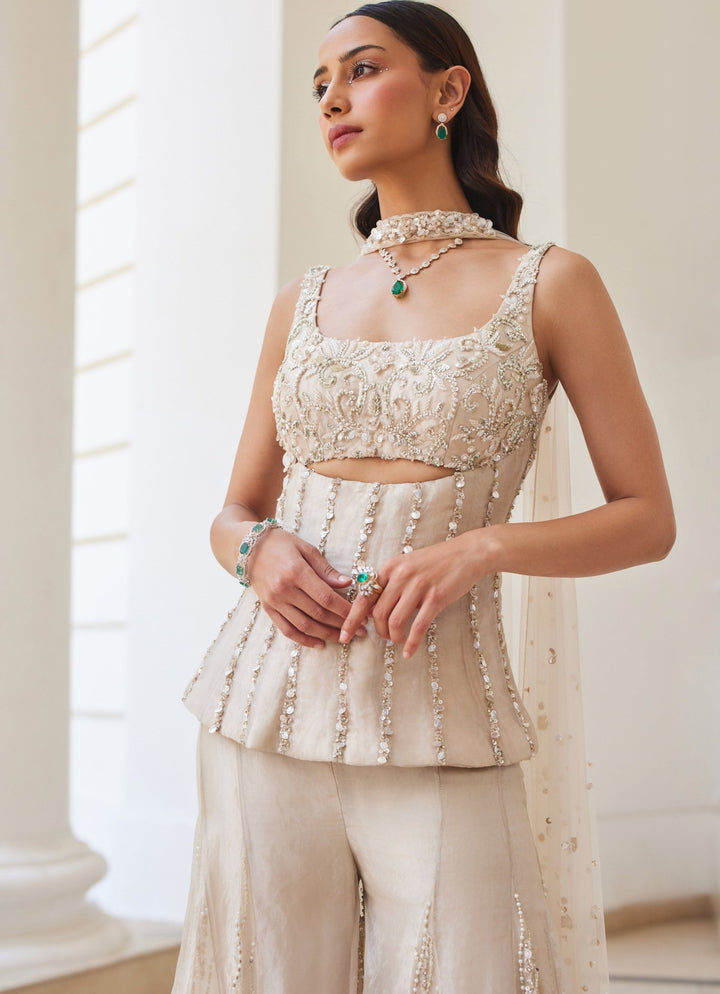 Ivory Gold Embroidered Pure Silk Tissue Kurta Sharara Set Sanya Gulati - Fabilicious Fashion