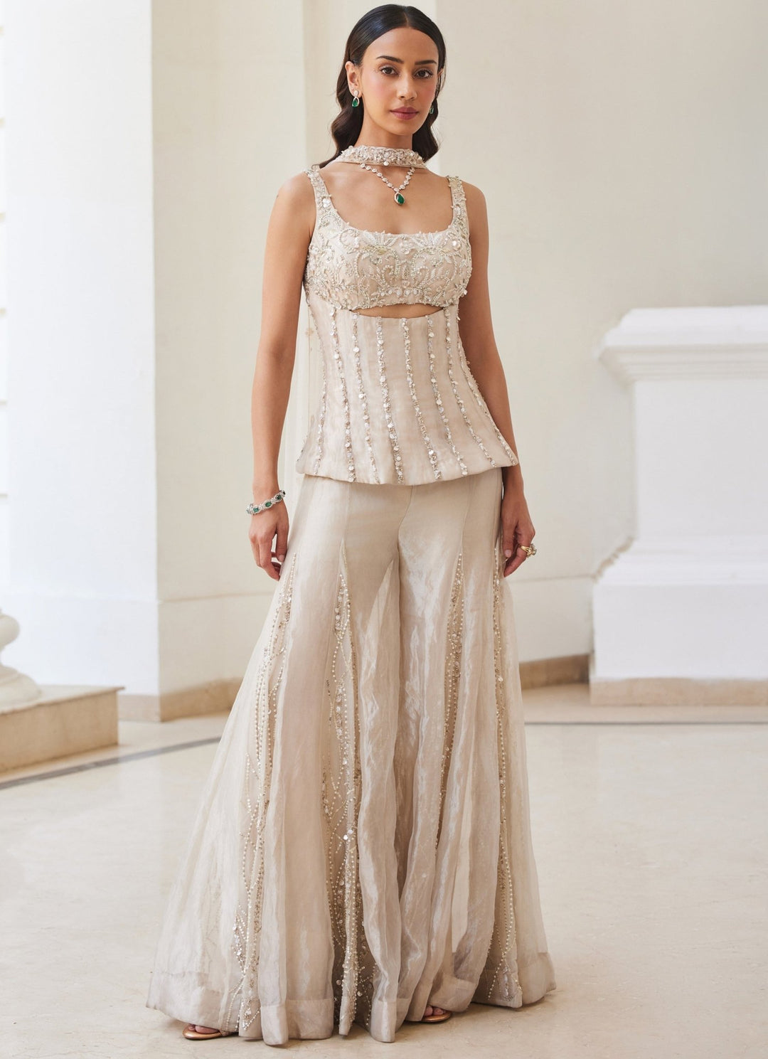 Ivory Gold Embroidered Pure Silk Tissue Kurta Sharara Set Sanya Gulati - Fabilicious Fashion