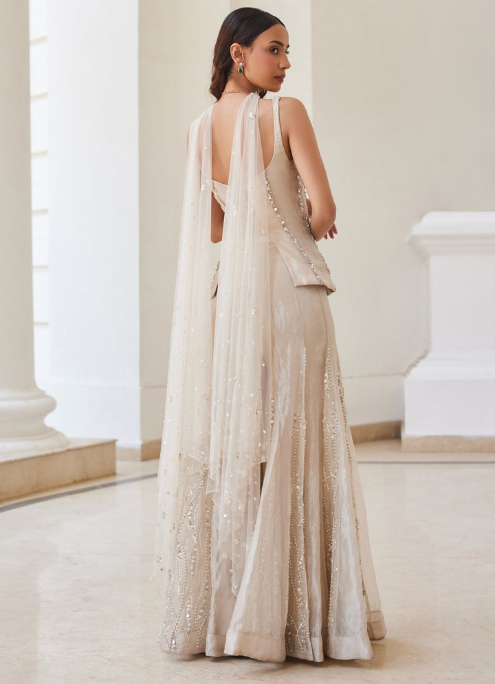Ivory Gold Embroidered Pure Silk Tissue Kurta Sharara Set Sanya Gulati - Fabilicious Fashion