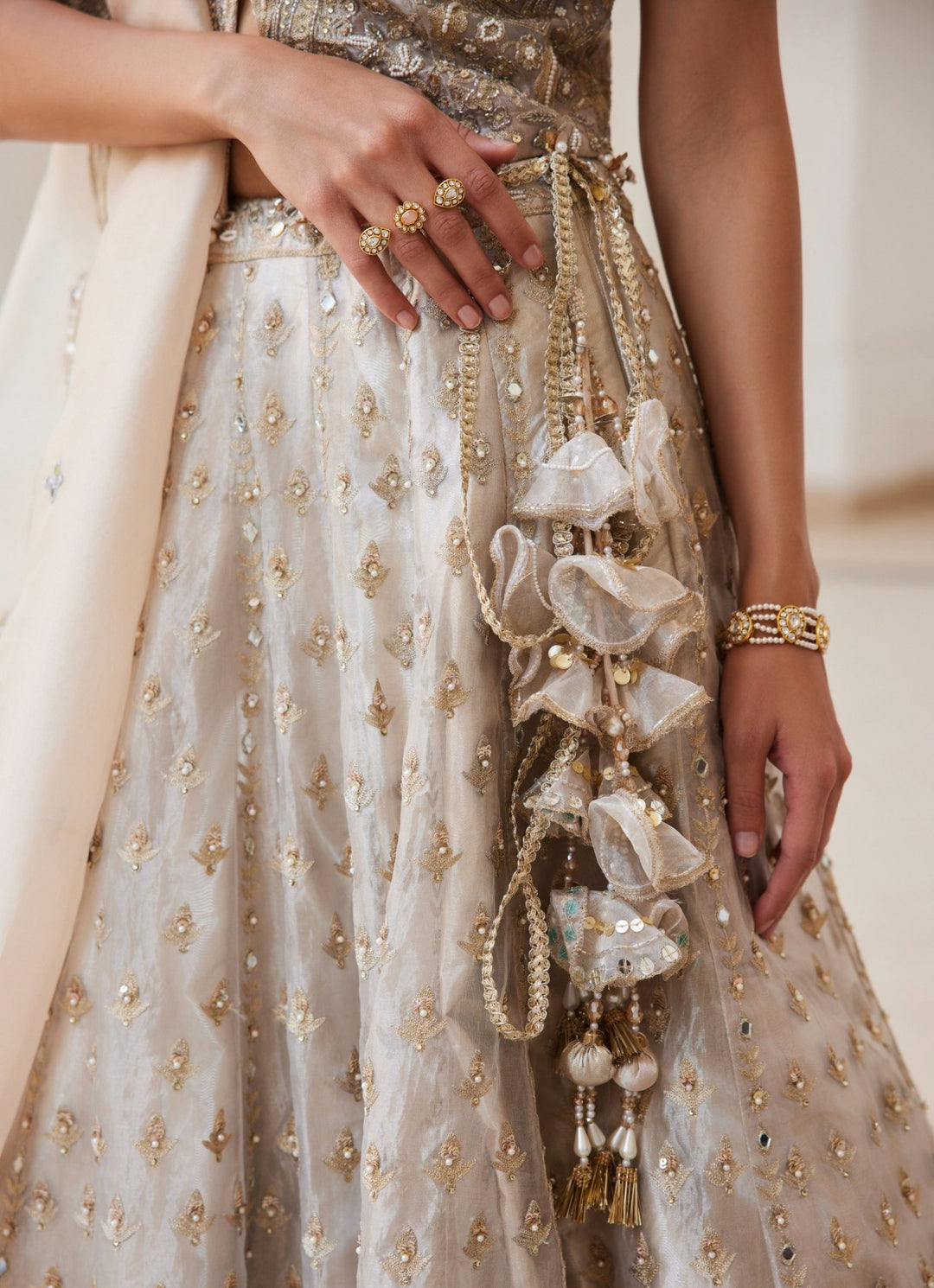 Ivory Gold Embroidered Pure Silk Tissue Lehenga Set Sanya Gulati - Fabilicious Fashion