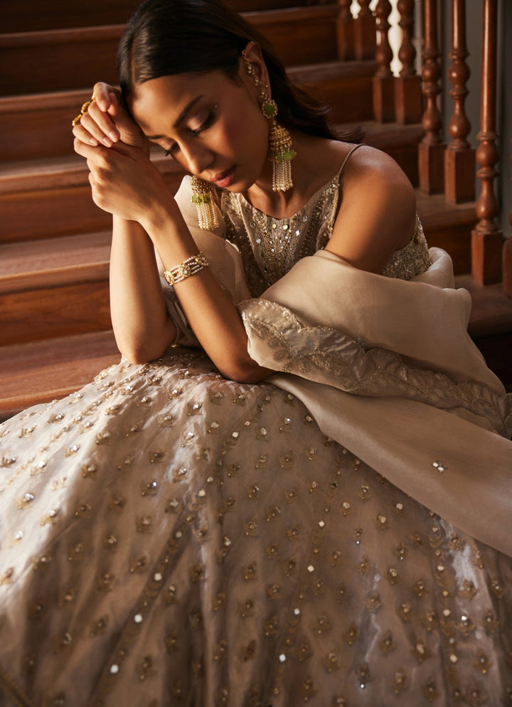 Ivory Gold Embroidered Pure Silk Tissue Lehenga Set Sanya Gulati - Fabilicious Fashion