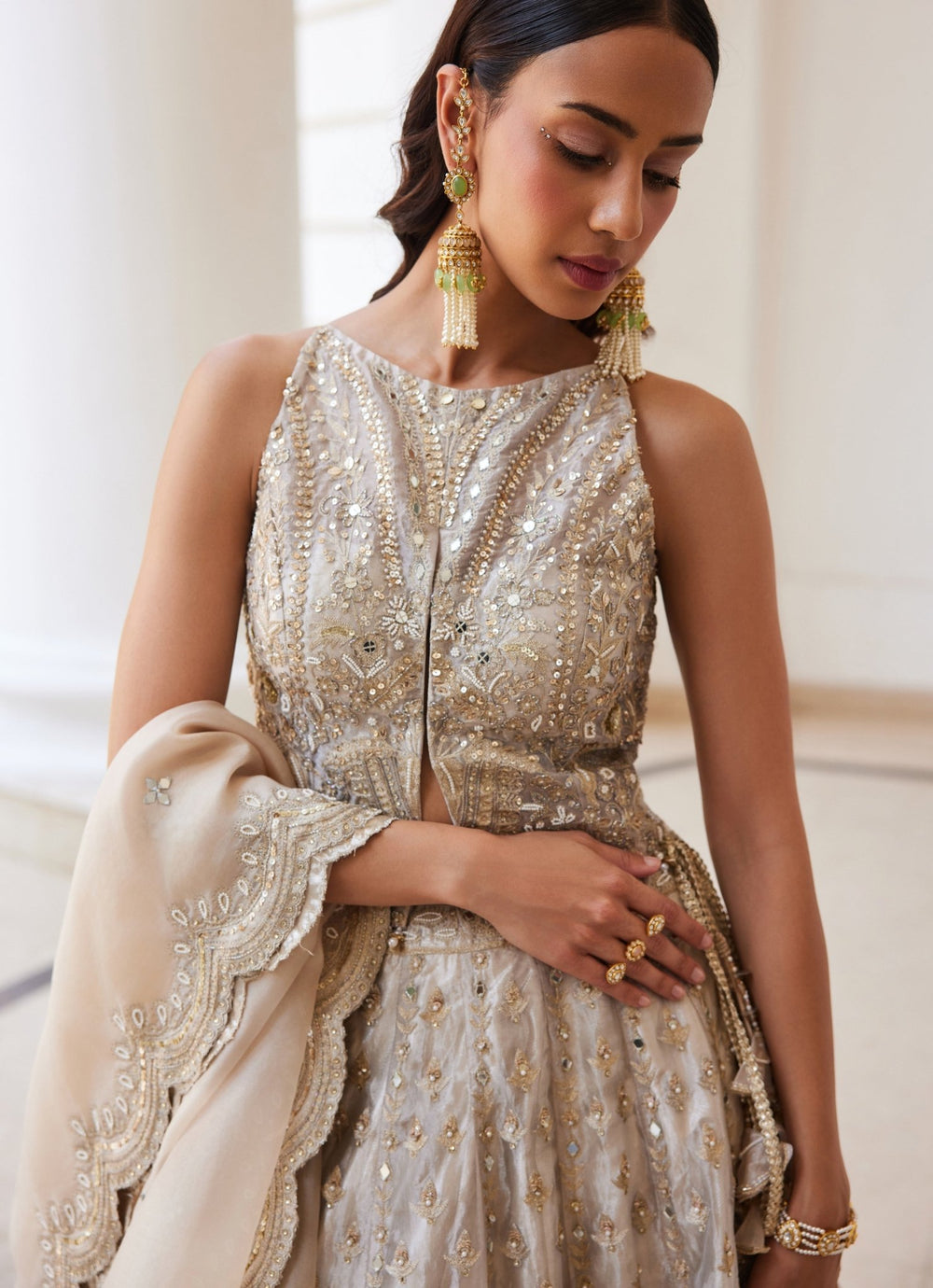 Ivory Gold Embroidered Pure Silk Tissue Lehenga Set Sanya Gulati - Fabilicious Fashion
