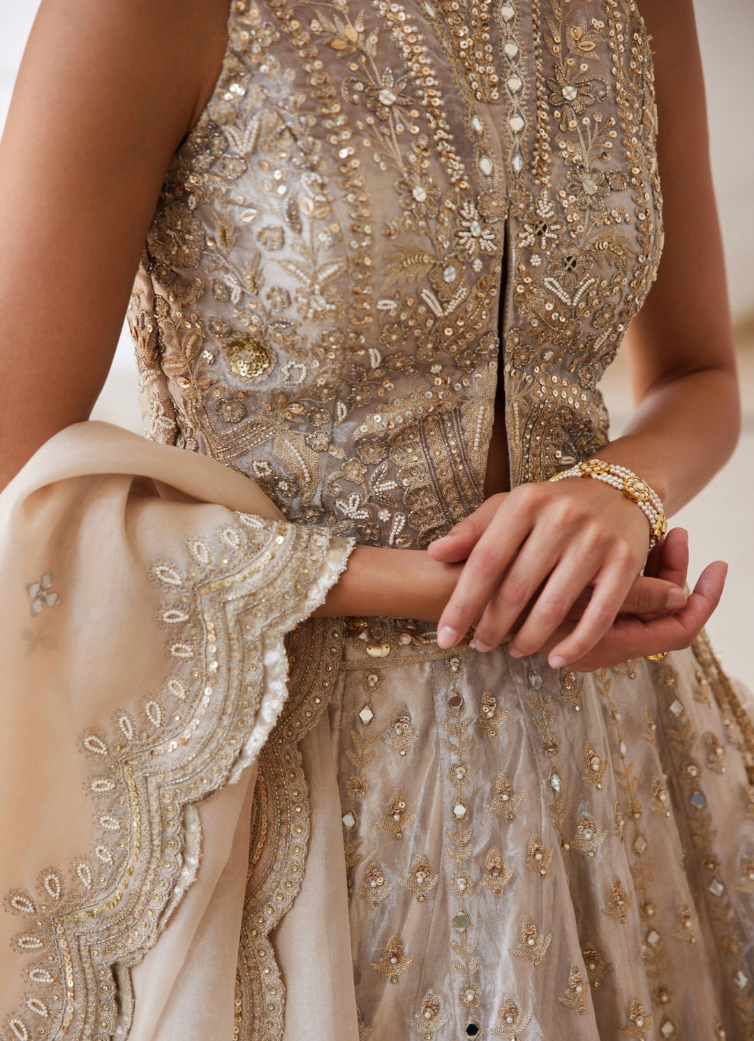Ivory Gold Embroidered Pure Silk Tissue Lehenga Set Sanya Gulati - Fabilicious Fashion