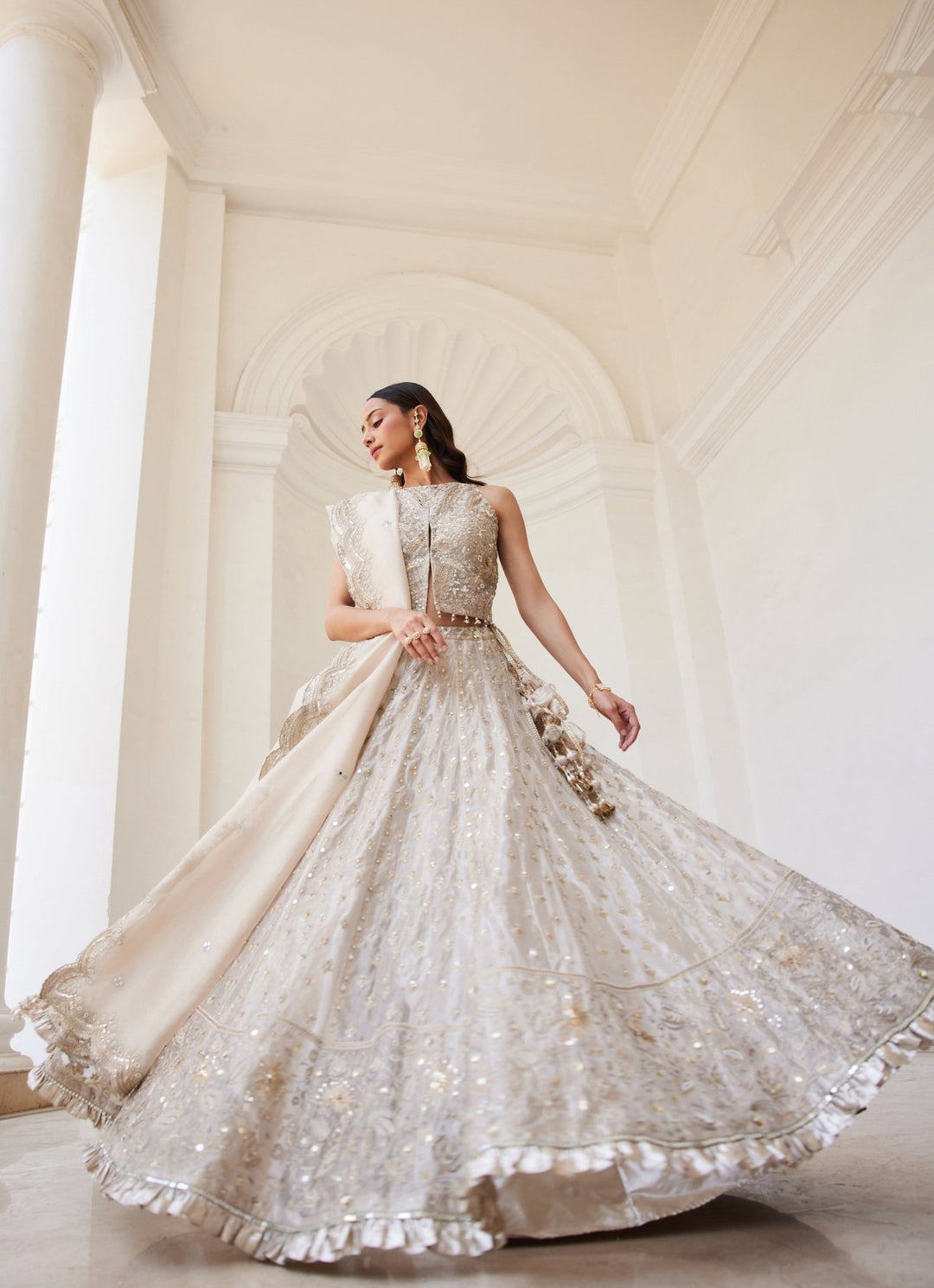 Ivory Gold Embroidered Pure Silk Tissue Lehenga Set Sanya Gulati - Fabilicious Fashion