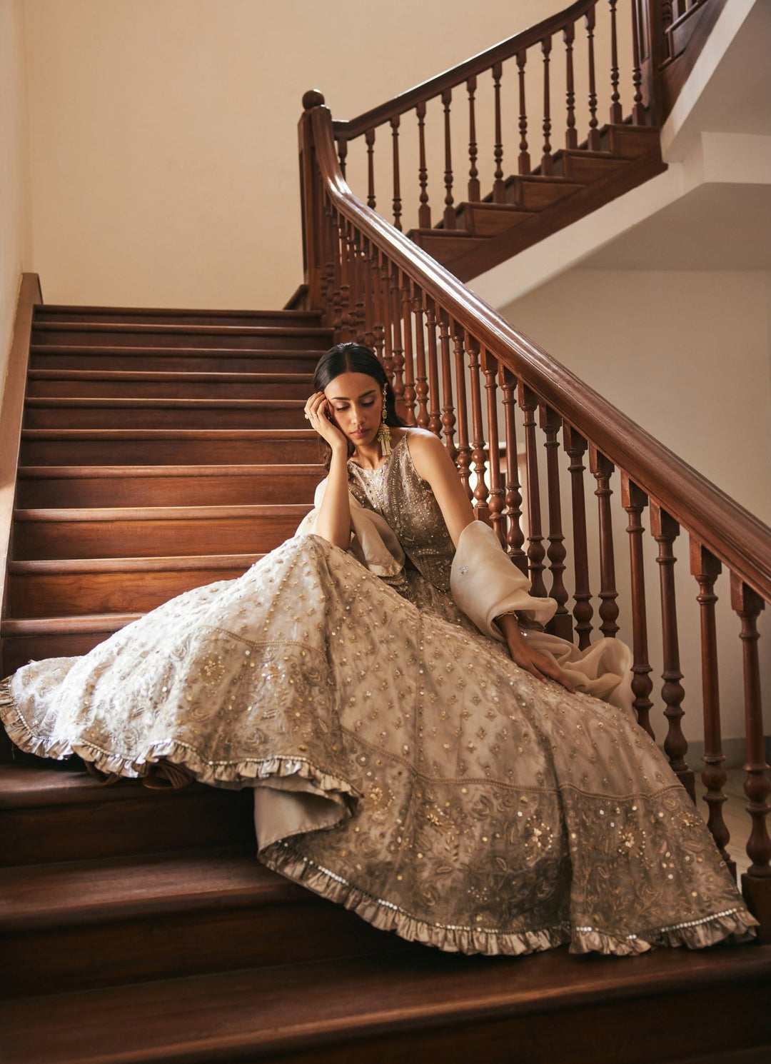 Ivory Gold Embroidered Pure Silk Tissue Lehenga Set Sanya Gulati - Fabilicious Fashion