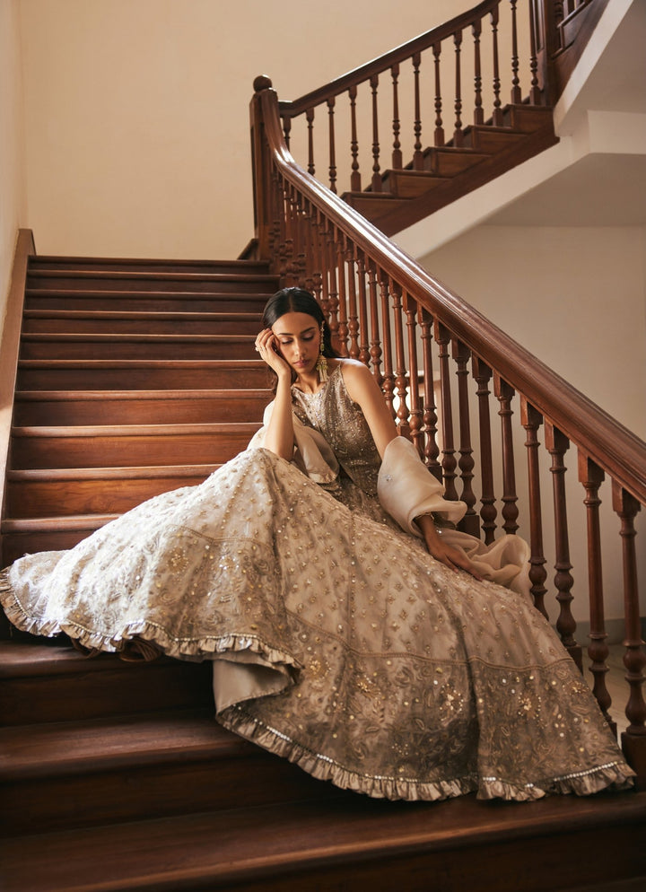 Ivory Gold Embroidered Pure Silk Tissue Lehenga Set Sanya Gulati - Fabilicious Fashion